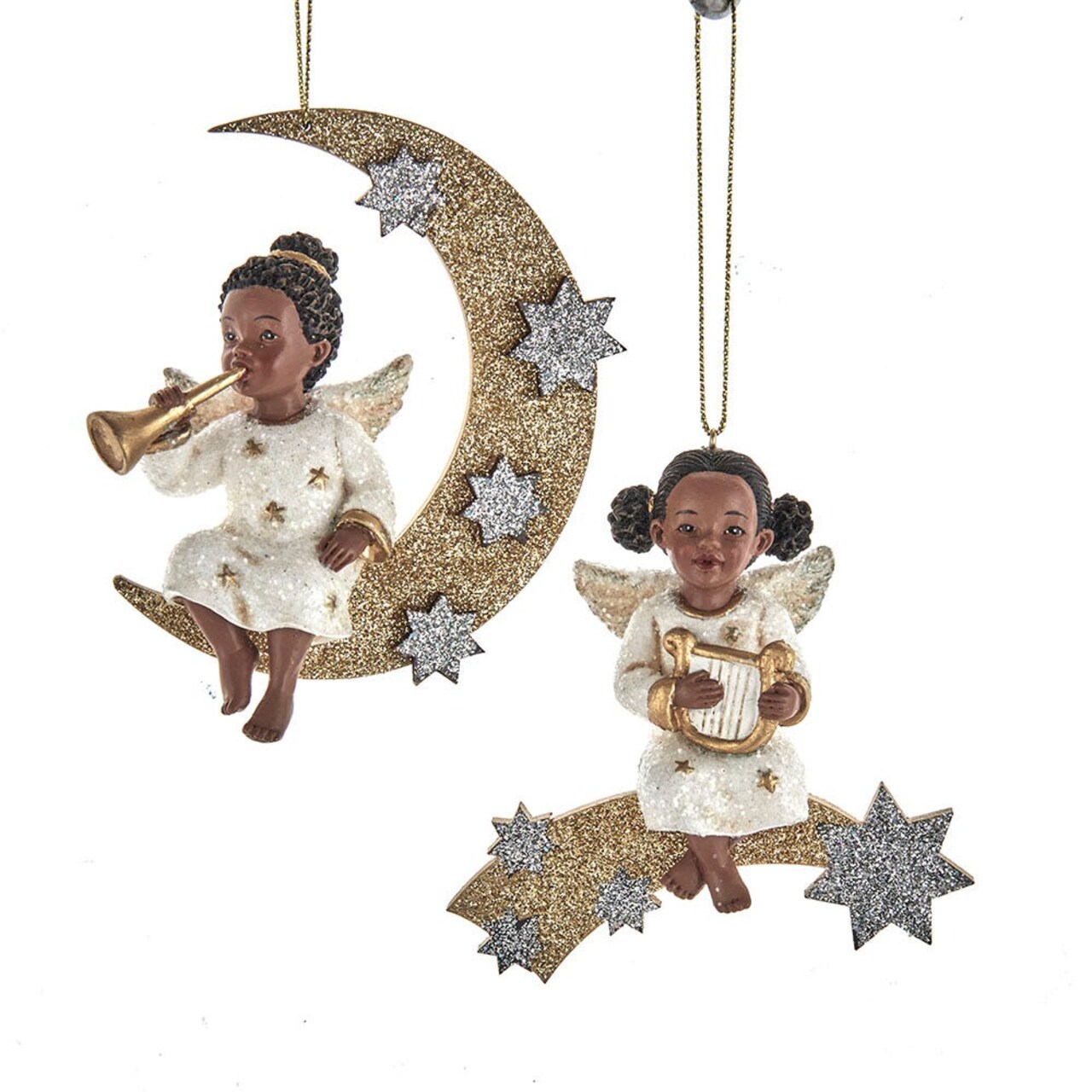4.75" German African American Angel Ornaments – Set of 2 Assorted Christmas Decorations